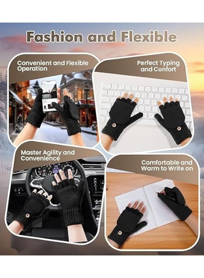 CLENEA 1 Pair Winter Fingerless Gloves for Men and Women, Wool Mittens with Flip, Warm Half Finger Knitted Gloves, Soft and Comfortable, Touchscreen Friendly, for Cold Weather - Image 2